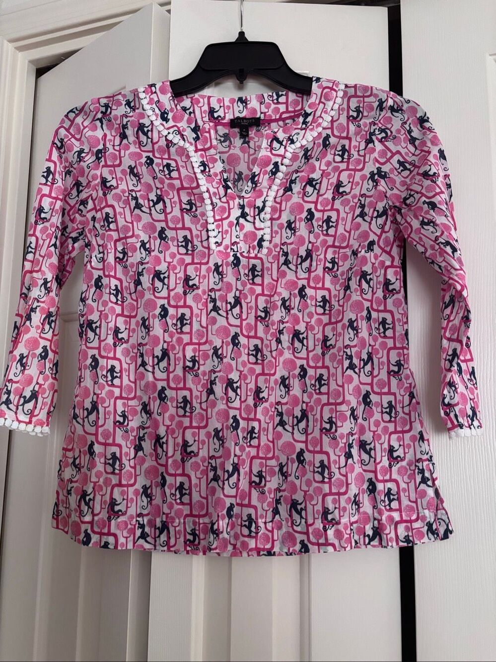Talbots Cotton 3/4 Sleeve Pink and Navy Monkey Print Blouse